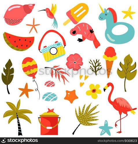 Set of summer elements and icons: flowers, tropical leaf, birds and other. Perfect for banner, web, card, poster, cover, invitation. Vector illustration. Set of summer elements and icons. Vector illustration