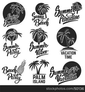 Set of summer emblems with palm trees. Design elements for logo, label, emblem, sign. Vector illustrations.