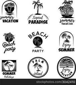 Set of summer emblems with palms. For emblem, sign, logo, label, badge. Vector image. Set of summer emblems with palms. For emblem, sign, logo, label, badge.