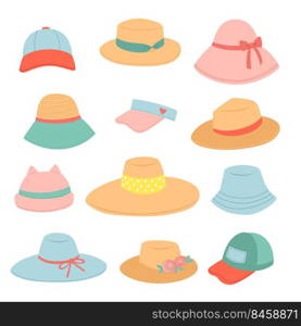 Set of summer hats and caps, straw hat flat design vector illustration. 