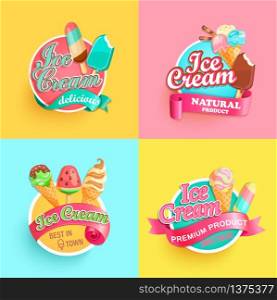 Set of summer ice creams labels. Bright collections for different sundaes in hot season.Gelato for banner,poster,brand,template,packaging,packing,emblem. Advertise for cafe.Vector illustration.. Set of summer ice creams labels.