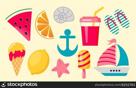 Set of summer icons food, drinks, fruits and boat. Vector illustration. Set of summer icons food, drinks, fruits and boat.