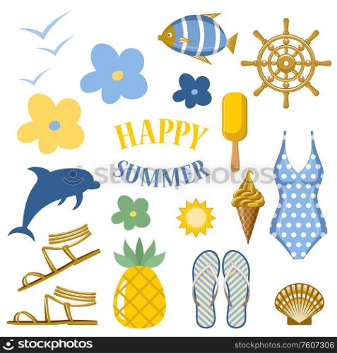 Set of summer items icons. Vector flat illustration.