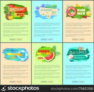Set of summer promo posters with exotic fruits and summertime accessories. Vector banners with pineapple, watermelon, orange and sunglasses, lifebuoy. Set of Summer Promo Posters with Exotic Fruits