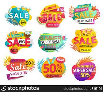 Set of summer sale and discount stickers.Hot season clearance price tag.Invitation for online shopping with 50 percent price off,special offer card,template for design,banner for Mid or end of season.. Big Set of summer sale and discounts stickers.