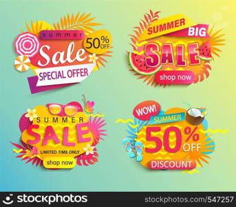 Set of summer sale and discount stickers.Limited time promotion and special offer banner.Invitation for online shopping with 50 percent price off,template for design.Clearance for Mid or end of season. Set of summer sale and discounts stickers.
