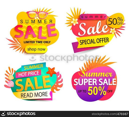 Set of summer sale and discount stickers.Special offer for mid or end of hot season. Low price tag.Invitation for online shopping with 50 percent off, template for design, banner. Vector illustration.. Set of summer sale and discount stickers.