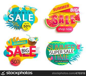 Set of summer sale stickers.Hot season discount price tag.Invitation for online shopping with 50 percent price off, special offer card,template for design, banner for Mid or end of season.Vector. Set of summer sale stickers.