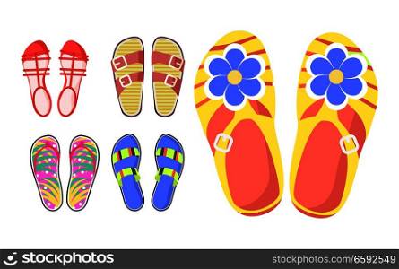 Set of summer shoes in cartoon style flat design isolated on white. Vector illustration of slippers with buckles and flowers, thongs with leaves and red sandals. Web banner of aestival women footwear.. Set of Summer Shoes in Cartoon Style Flat Design