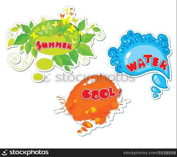 Set of summer speech bubbles formed from water, butterflies, leafs, blots