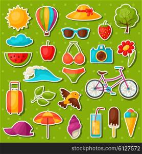 Set of summer stickers. Design for cards, covers, brochures and advertising booklets.