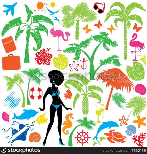 Set of summer, travel and vacations symbols - silhouettes of woman in bikini, tropical palms trees, butterflies, marine life, etc.