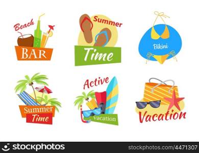 Set of summer vacation concepts vector illustrations. Beach bar, summer time, active vacation, bikini compositions in flat style design. Leisure on sunny beach variations on white background.