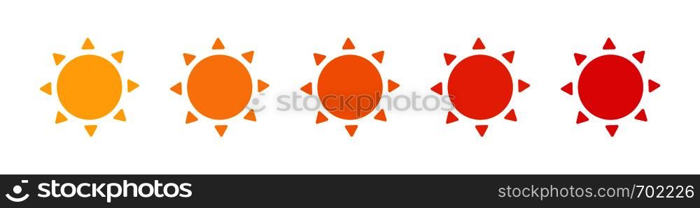Set of sun icons from yellow to red color. Flat icons. Sun vector icons. Eps10. Set of sun icons from yellow to red color. Flat icons. Sun vector icons