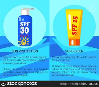 Set of sun protection and sunscreen posters. Vector illustration of circle icons depicting sunblock lotions against vintage sea background. Set of Sun Protection and Sunscreen Posters