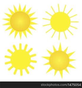 Set of sun vector icons. Graphic illustration of sunrises in cartoon style. Four types of bright yellow sun on a white background. Stock Photo.