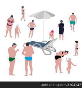Set of Sunbathing and Playing People on Beach in Swimsuits. Vector Illustration. EPS10. Set of Sunbathing and Playing People on Beach in Swimsuits. Vector Illustration.