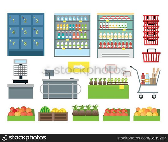 Set of supermarket furniture and equipment vector. Flat design. Shelves, freezer, lockers, scales, cash, showcase, cart, basket, trolley boxes with food illustrations Assortment in grocery store . Set of Supermarket Furniture and Equipment Vector.. Set of Supermarket Furniture and Equipment Vector.