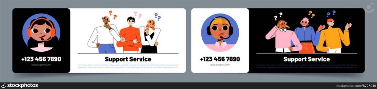 Set of support service banners. Flat vector illustration of male, female call center managers wearing headsets on black, white background. Many puzzled customers asking helpdesk operators questions. Set of support service banners, flat illustration