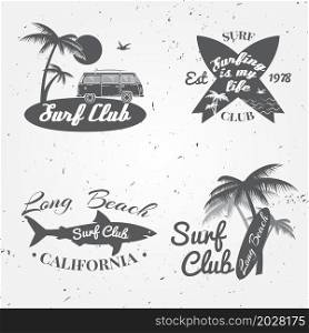 Set of Surf club concept Vector Summer surfing retro badge. Surfer club emblem , rv outdoors banner, vintage background. Boards, retro car, palms and shark. Surf icon design.