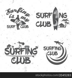 Set of Surf club concept Vector Summer surfing retro badge. Surfer club emblem , outdoors banner, vintage background. Boards, palms and shark. Surf icon design.. Set of Surf club concept .