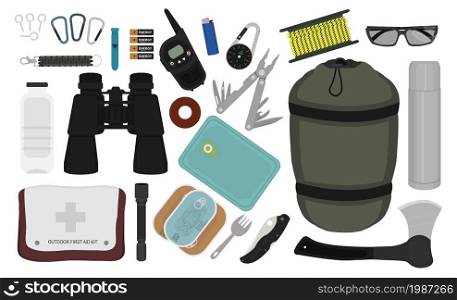 Set of survival camping equipment:. Carabiner, whistle, batteries, radio set, lighter, compass, rope, sunglasses, bracelet, bottle, binoculars, tape, multi tool, sleeping bag, thermos, first aid kit. Camping equipment set. Color