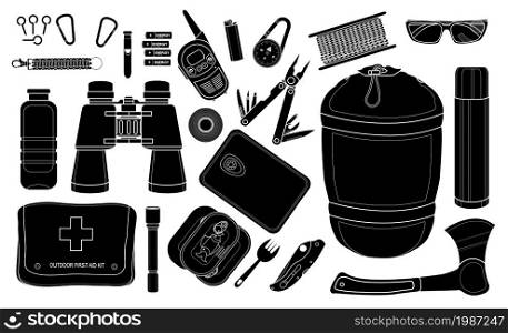 Set of survival camping equipment. Flashlight, canned food, fork, food container, pocket knife, ax, whistle, batteries, radio set, lighter, compass, rope, sunglasses, bracelet. Black and white. Set of survival camping equipment. Silhouettes