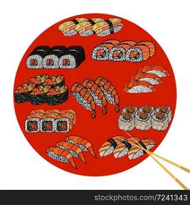 Set of sushi rolls with chopsticks. Japanese food. Hand drawn vector illustration