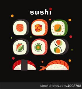Set of sushi vector, illustration. Asian food. Isolated on a black background.