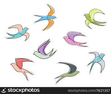Set of swallow birds in abstract style isolated on white