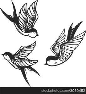 Set of swallow birds on white background. Design elements for logo, label, emblem, sign. Vector image. Set of swallow birds on white background. Design elements for logo, label, emblem, sign.