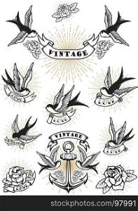 Set of swallow tattoo. Vintage anchor and roses. Design element for logo, label, emblem, sign. Vector illustration