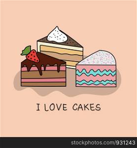 Set of sweet cake slices, Vector cartoon style.