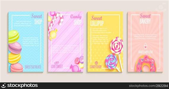 Set of sweet, candy and bakery shops flyers,banners.Collection of pages for kids menu,caffee,posters.Pastry,macaroons and donuts, lollipop shop cards, cafeteris advertise.Template vector illustration.. Set of sweet, candy, bakery shops flyers.