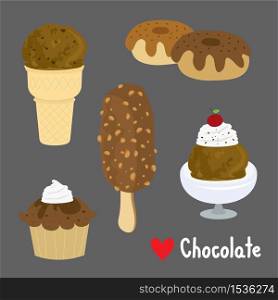 Set of Sweet chocolate and Desserts made of chocolate. ice cream and bakery. Cartoon Vector illustration