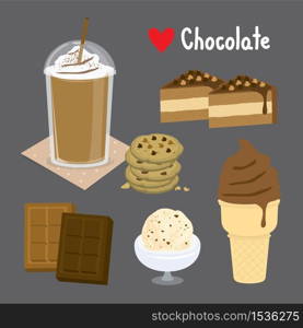 Set of Sweet chocolate and Desserts made of chocolate. ice cream and bakery. Cartoon Vector illustration