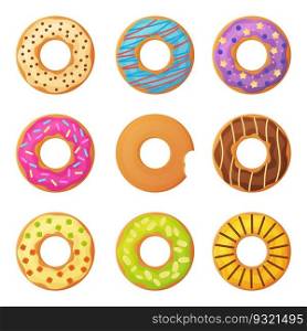 Set of sweet colorful glazed doughnuts set with sprinkles. Stock vector illustration in cartoon realistic style isolated on white background.. Set of sweet colorful glazed doughnuts set with sprinkles. Stock vector illustration in cartoon realistic style isolated on white background