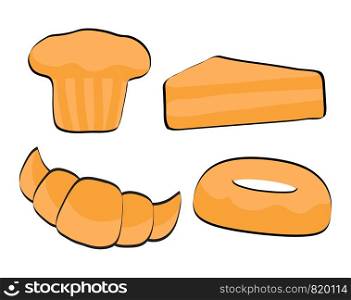 Set of sweet donut, croissant, cupcake, cake, cartoon style vector illustration isolated on white background.