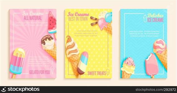 Set of sweet ice cream shops flyers,banners on vintage background.Collection of pages for kids menu,caffee,posters. cards, cafeteris advertise.Template vector illustration.. Set of sweet ice cream shops flyers
