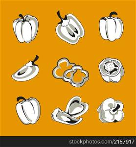 Set of sweet pepper, bell pepper, whole and cut into slices and rings. Collection of simple minimalistic realistic doodle vegetables. Black and white isolated vector design elements for menu, wrapping. Set of sweet pepper, bell pepper, whole and cut into slices and rings. Collection of simple doodle style vegetables. Black and white design elements