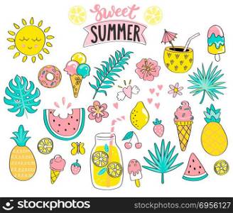 Set of sweet summer hand drawn elements.. Set of sweet summer hand drawn elements - sun,tropical leaves,drinks and ice cream,watermelon,pineapple for holiday,travel and beach vacation.Great for web,card,poster,invitation,sticker.Vector illustration.