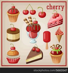 Set of sweets with cherry. vector illustration