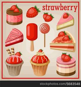 Set of sweets with strawberry. vector illustration