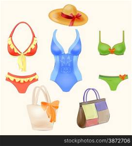 set of swimsuits and beach handbags