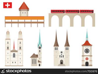 Set of Switzerland landmark icons in flat style. Swiss national attractions. Vector illustration. Set of Switzerland landmark icons in flat style