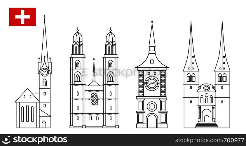 Set of Switzerland landmark icons in outline style. Swiss national attractions. Vector illustration. Set of Switzerland landmark icons in outline style