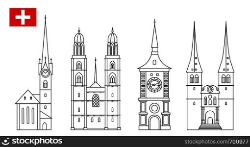 Set of Switzerland landmark icons in outline style. Swiss national attractions. Vector illustration. Set of Switzerland landmark icons in outline style