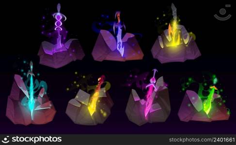 Set of sword in stone, Arthur king excalibur weapon stuck in rock. Game medieval. alchemy or magic steel blades with glowing sparks, camelot legend or myth design elements, Cartoon vector illustration. Set of sword in stone Arthur king excalibur weapon