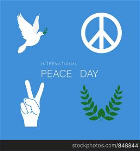 Set of symbol for International Peace Day. White dove, olive branch, hand with two finger up and peace symbol. Eps10. Set of symbol for International Peace Day. White dove, olive branch, hand with two finger up and peace symbol