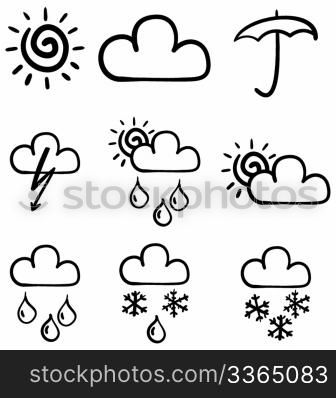 Set of symbols for the indication of weather. Vector illustration. Sketch simulate.